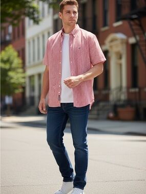 Tommy Hilfiger Red and White Gingham Pocket Short Sleeve Button-Up Shirt 18 NWOT